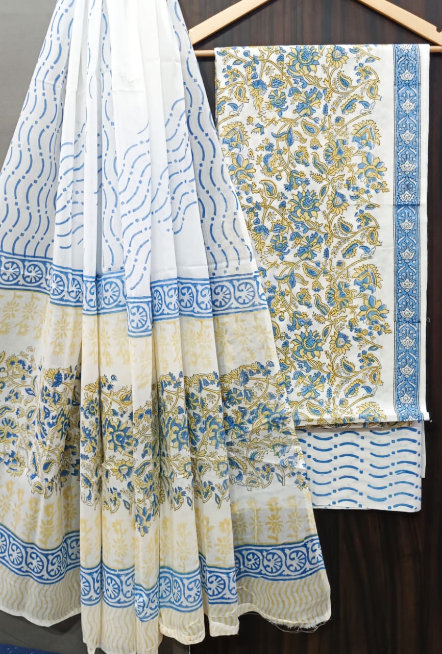 Pure Cotton Hand Block Print Unstitched Suit With Cotton Dupatta.