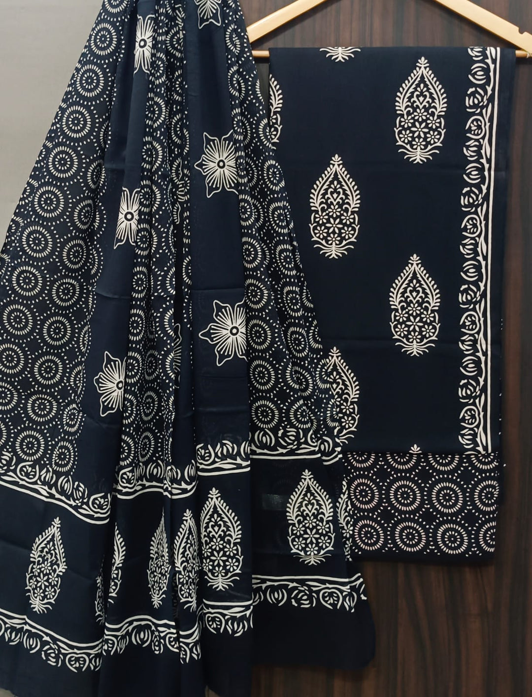 Pure Cotton Hand Block Print Unstitched Suit With Cotton Dupatta.