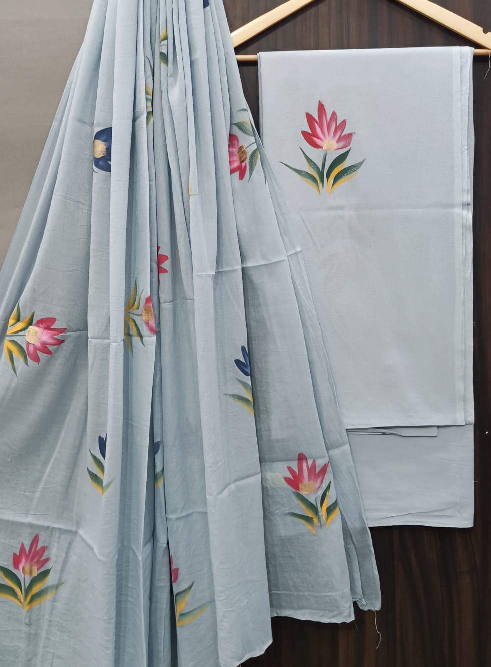 Pure Cotton Hand Block Print Unstitched Suit With Cotton Dupatta.