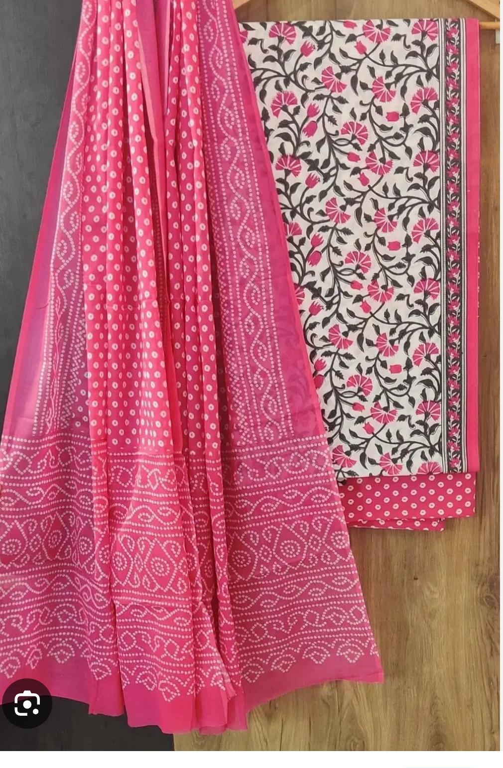 Pure Cotton Hand Block Print Unstitched Suit With Cotton Dupatta.
