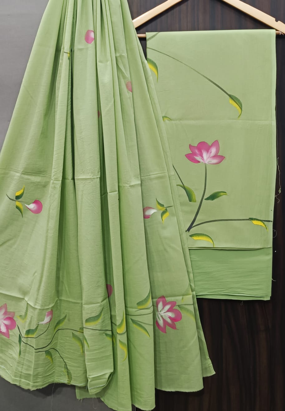 Pure Cotton Hand Block Print Unstitched Suit With Cotton Dupatta.