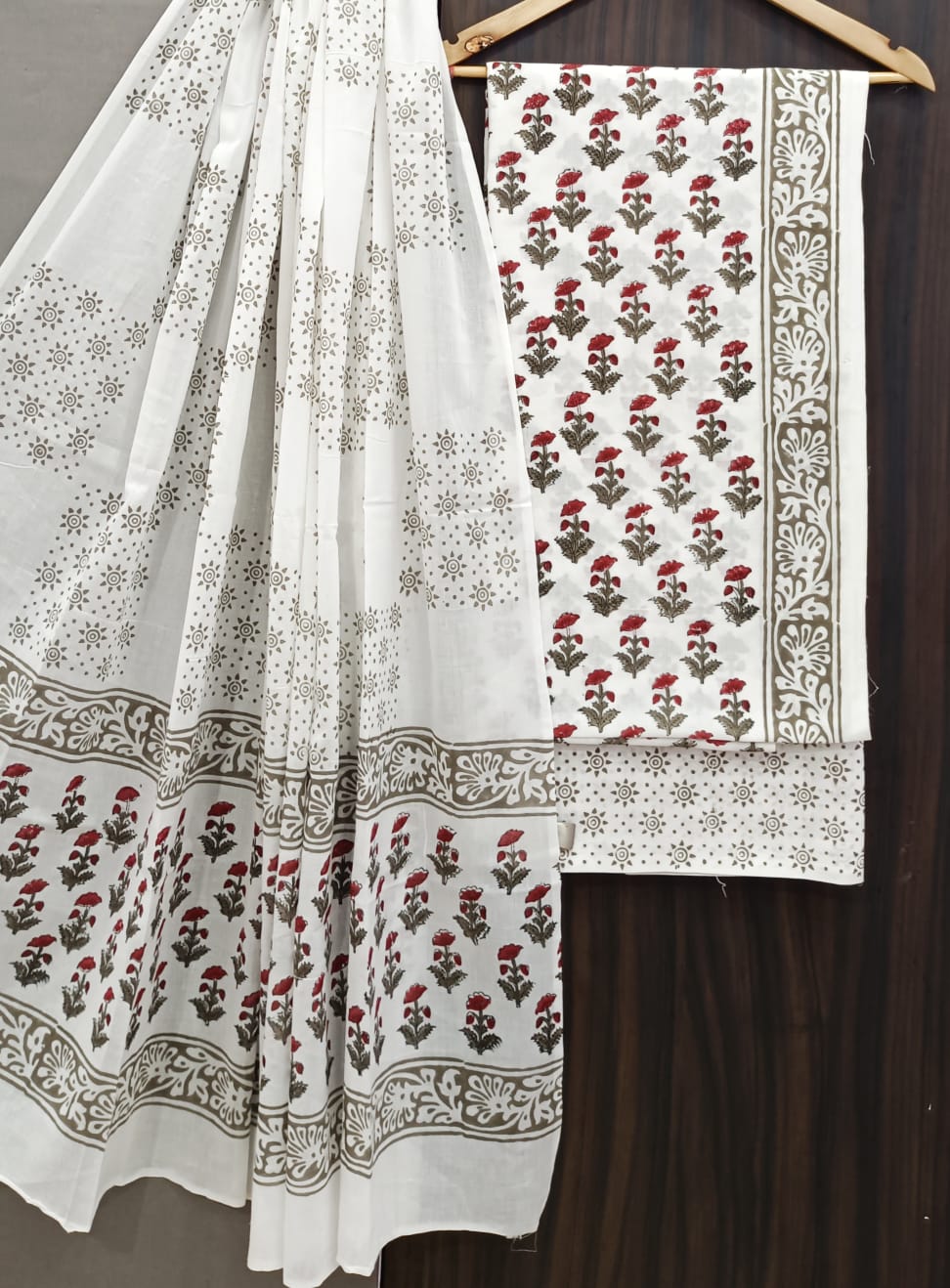 Pure Cotton Hand Block Print Unstitched Suit With Cotton Dupatta.