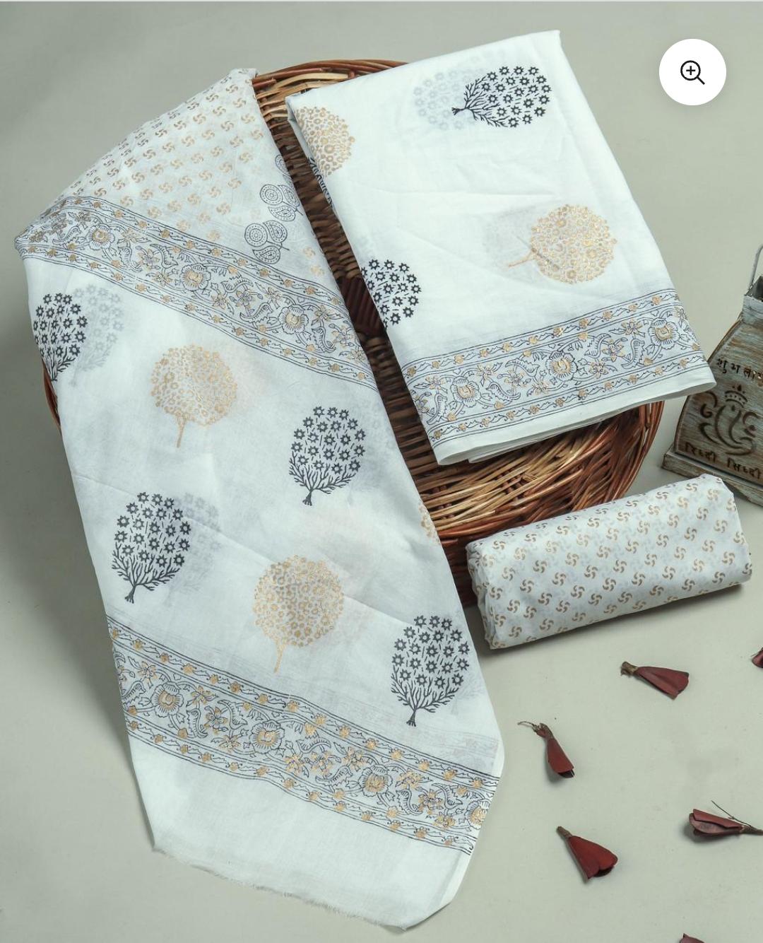 Pure Cotton Hand Block Print Unstitched Suit With Cotton Dupatta.