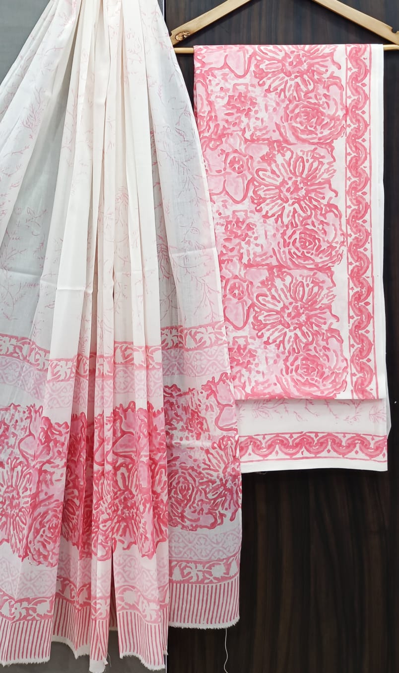 Pure Cotton Hand Block Print Unstitched Suit With Cotton Dupatta.