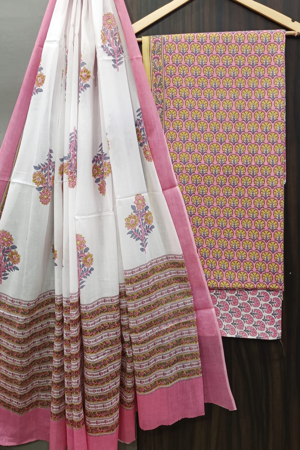 Pure Cotton Hand Block Print Unstitched Suit With Cotton Dupatta.