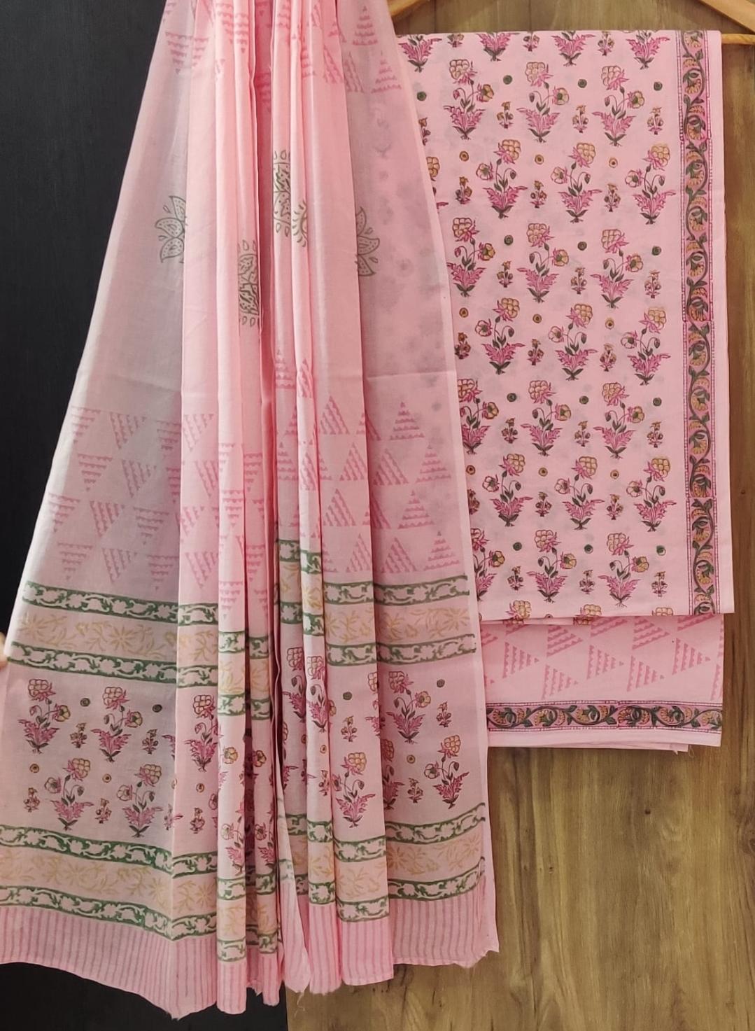 Pure Cotton Hand Block Print Unstitched Suit With Cotton Dupatta.