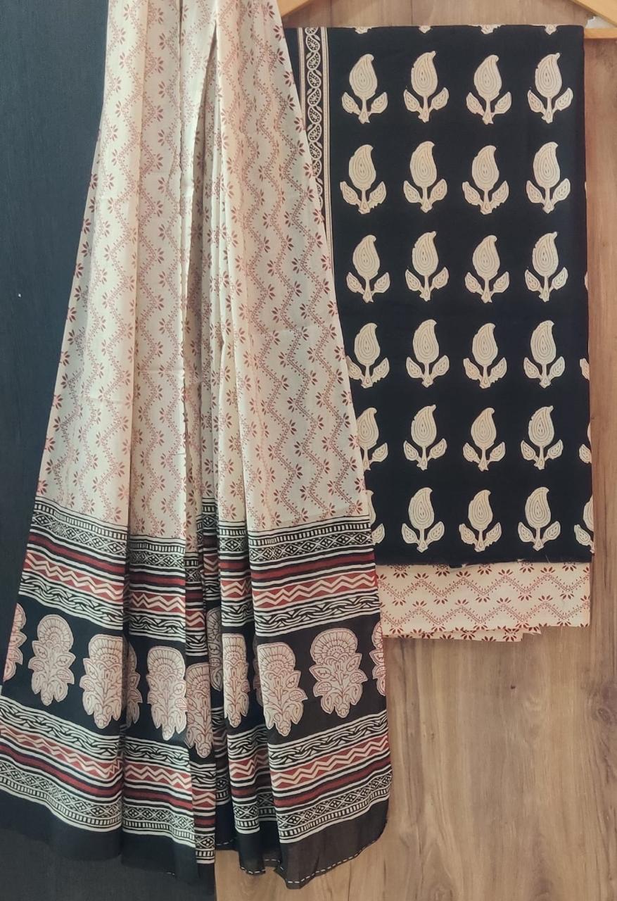 Pure Cotton Hand Block Print Unstitched Suit With Cotton Dupatta.