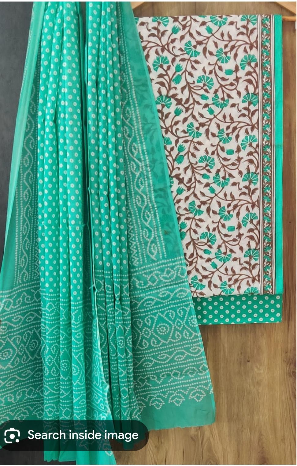Pure Cotton Hand Block Print Unstitched Suit With Cotton Dupatta.