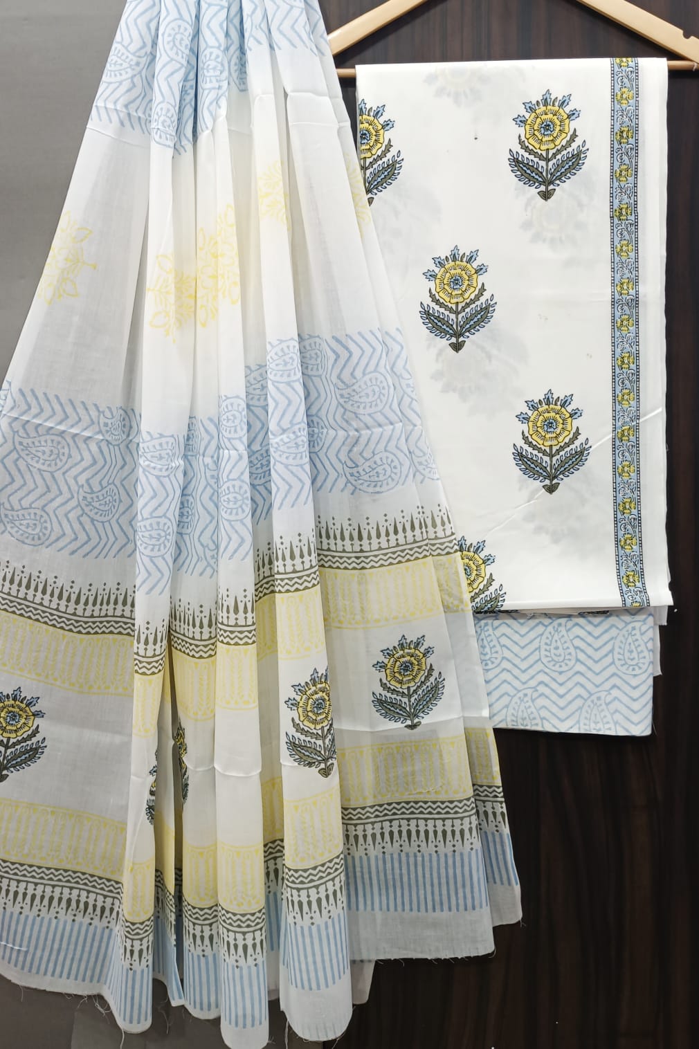 Pure Cotton Hand Block Print Unstitched Suit With Cotton Dupatta.