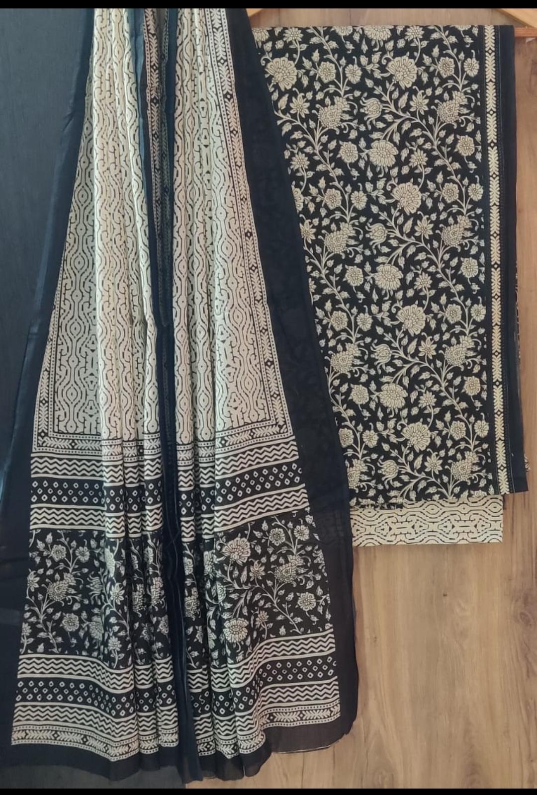 Pure Cotton Hand Block Print Unstitched Suit With Cotton Dupatta.