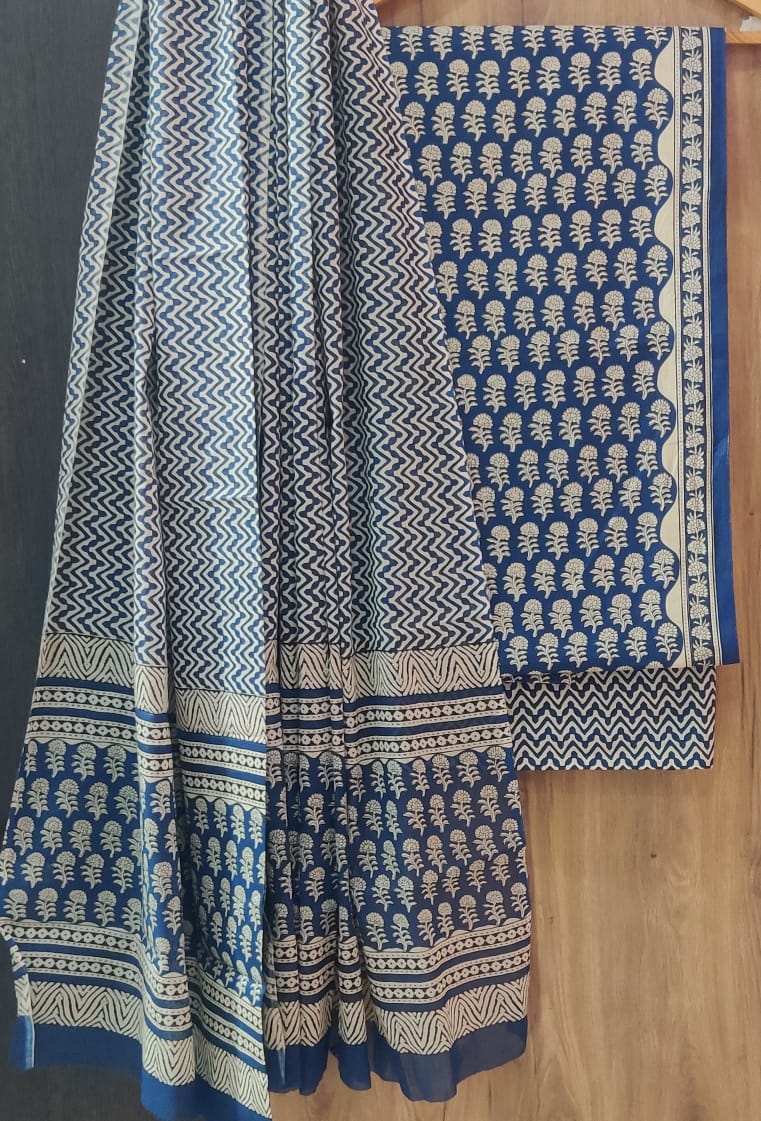 Pure Cotton Hand Block Print Unstitched Suit With Cotton Dupatta.