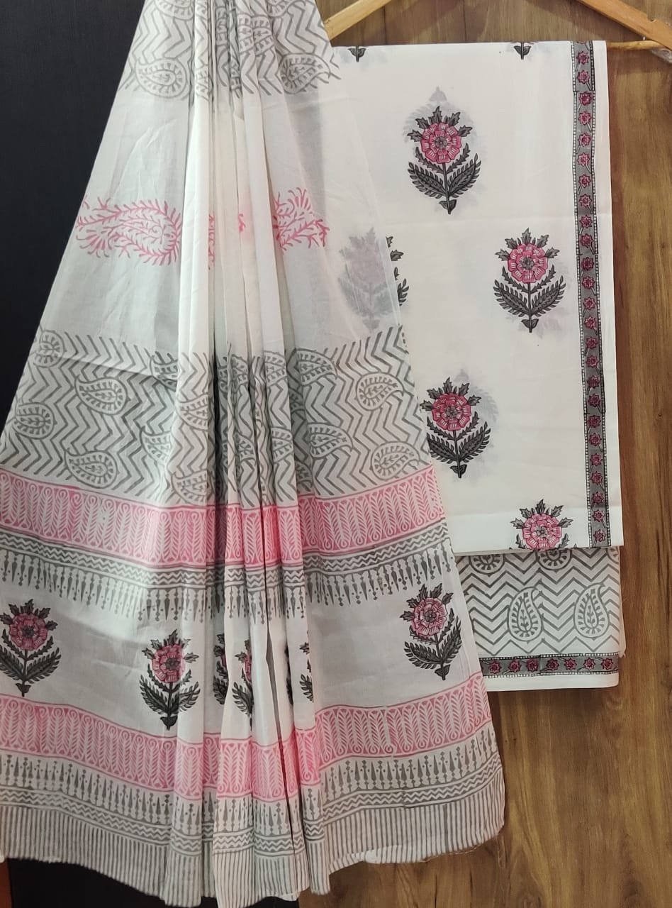Pure Cotton Hand Block Print Unstitched Suit With Cotton Dupatta.