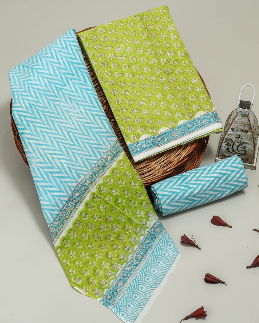 Pure Cotton Hand Block Print Unstitched Suit With Cotton Dupatta.