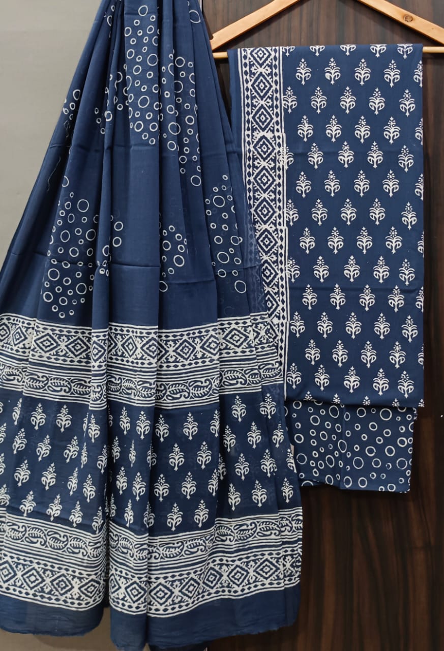 Pure Cotton Hand Block Print Unstitched Suit With Cotton Dupatta.