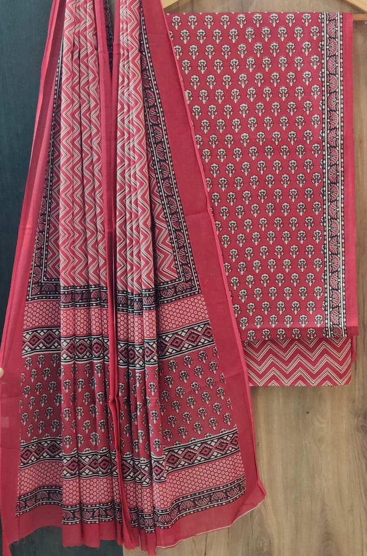 Pure Cotton Hand Block Print Unstitched Suit With Cotton Dupatta.