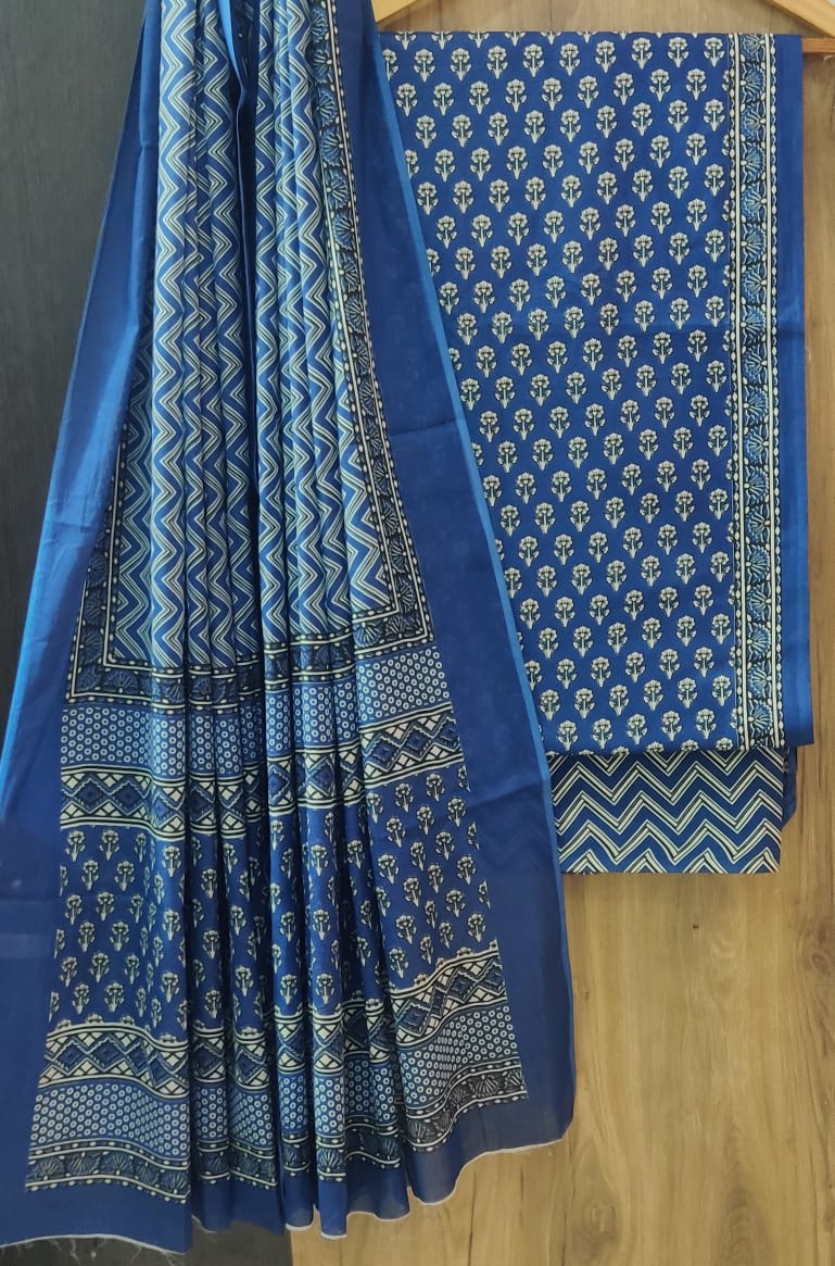 Pure Cotton Hand Block Print Unstitched Suit With Cotton Dupatta.