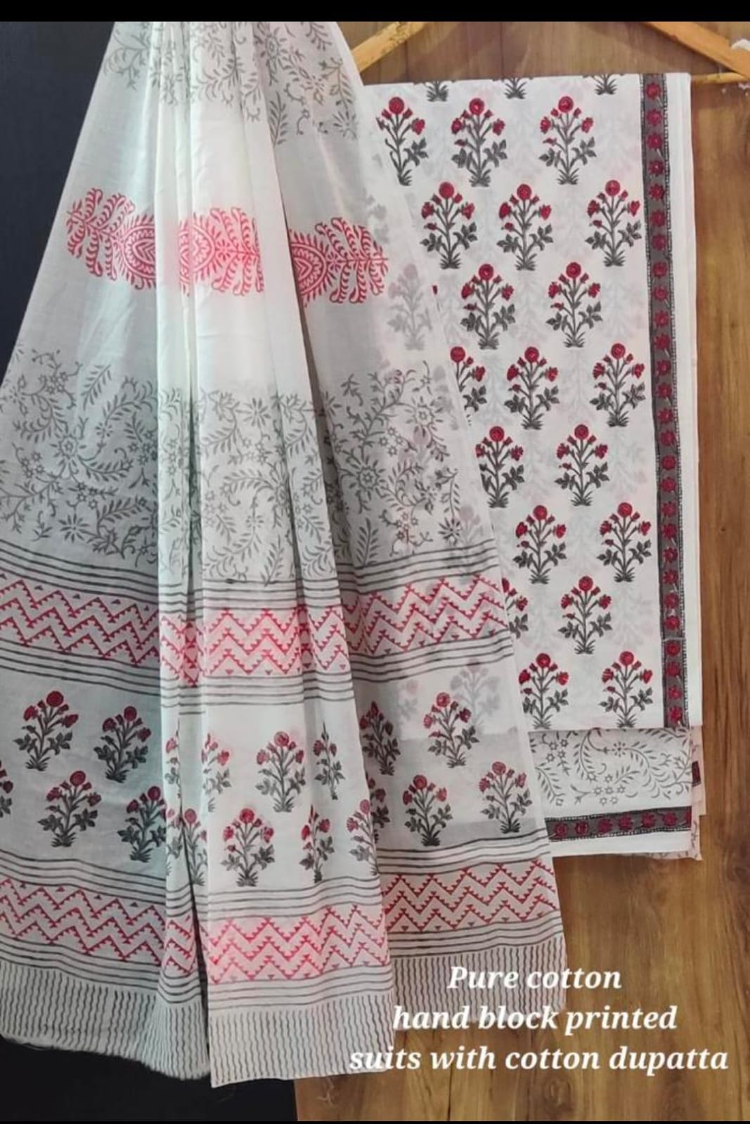 Pure Cotton Hand Block Print Unstitched Suit With Cotton Dupatta.