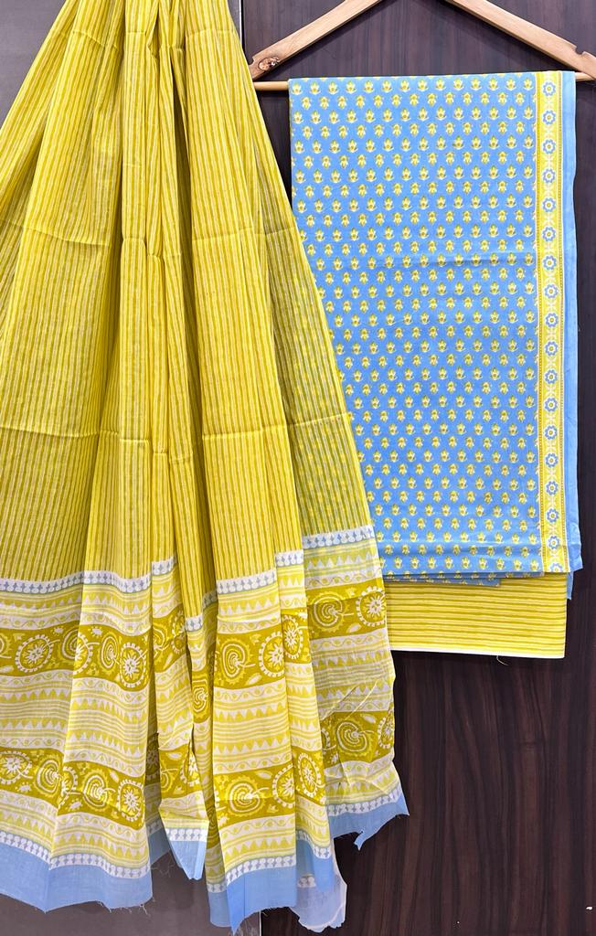 Pure Cotton Hand Block Print Unstitched Suit With Cotton Dupatta.