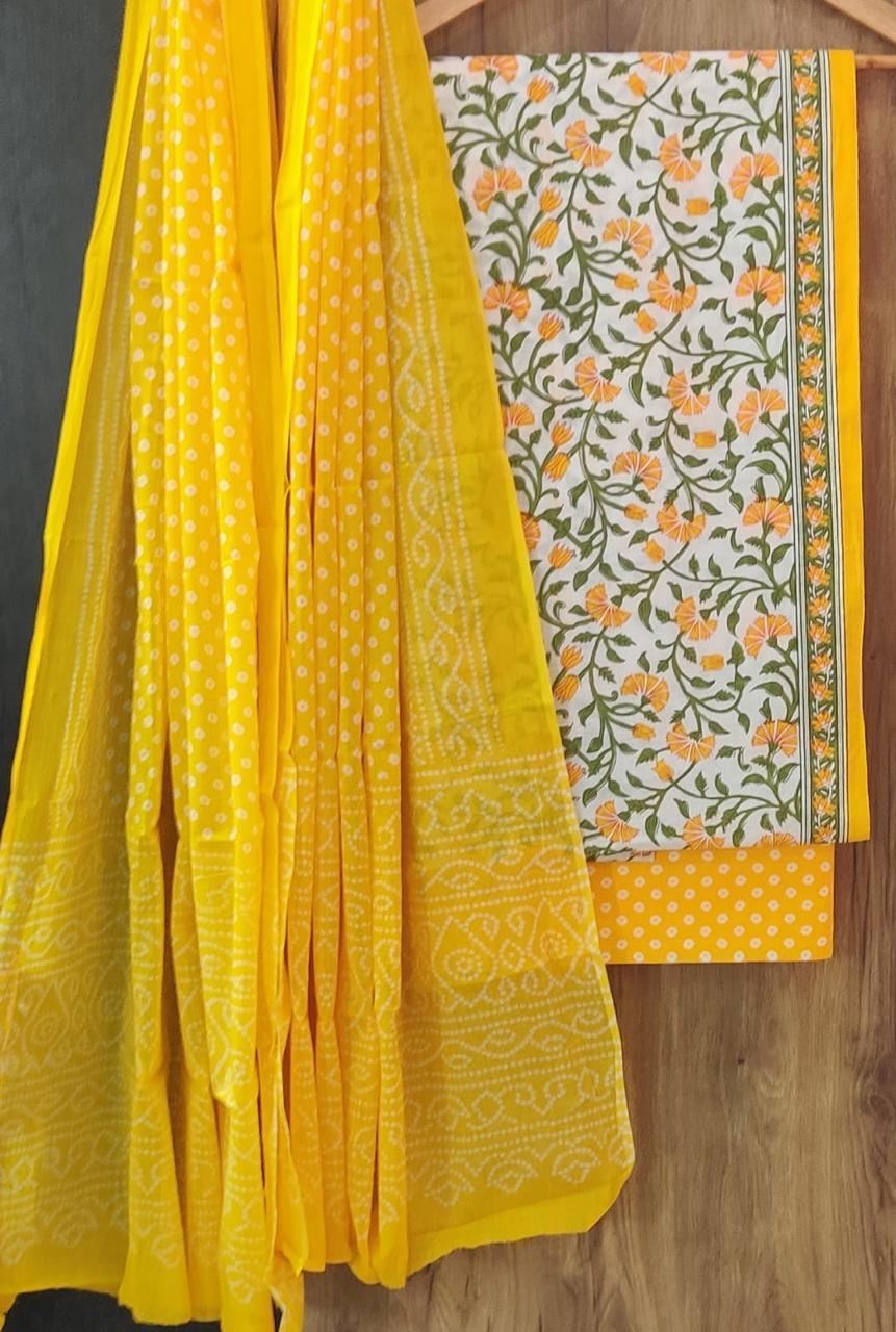 Pure Cotton Hand Block Print Unstitched Suit With Cotton Dupatta.