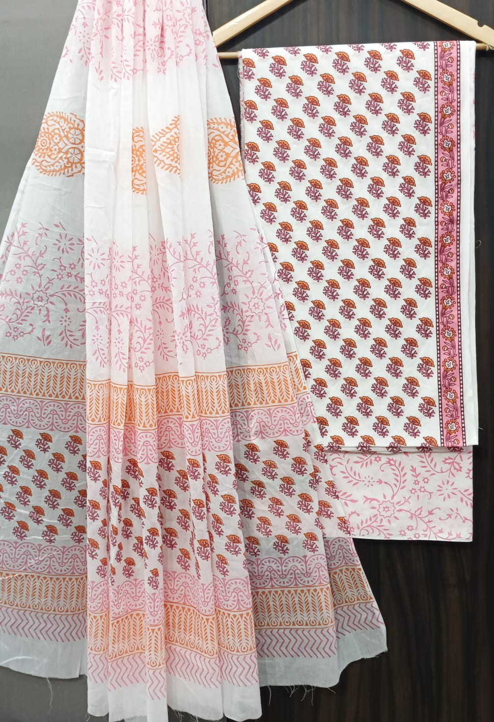 Pure Cotton Hand Block Print Unstitched Suit With Cotton Dupatta.