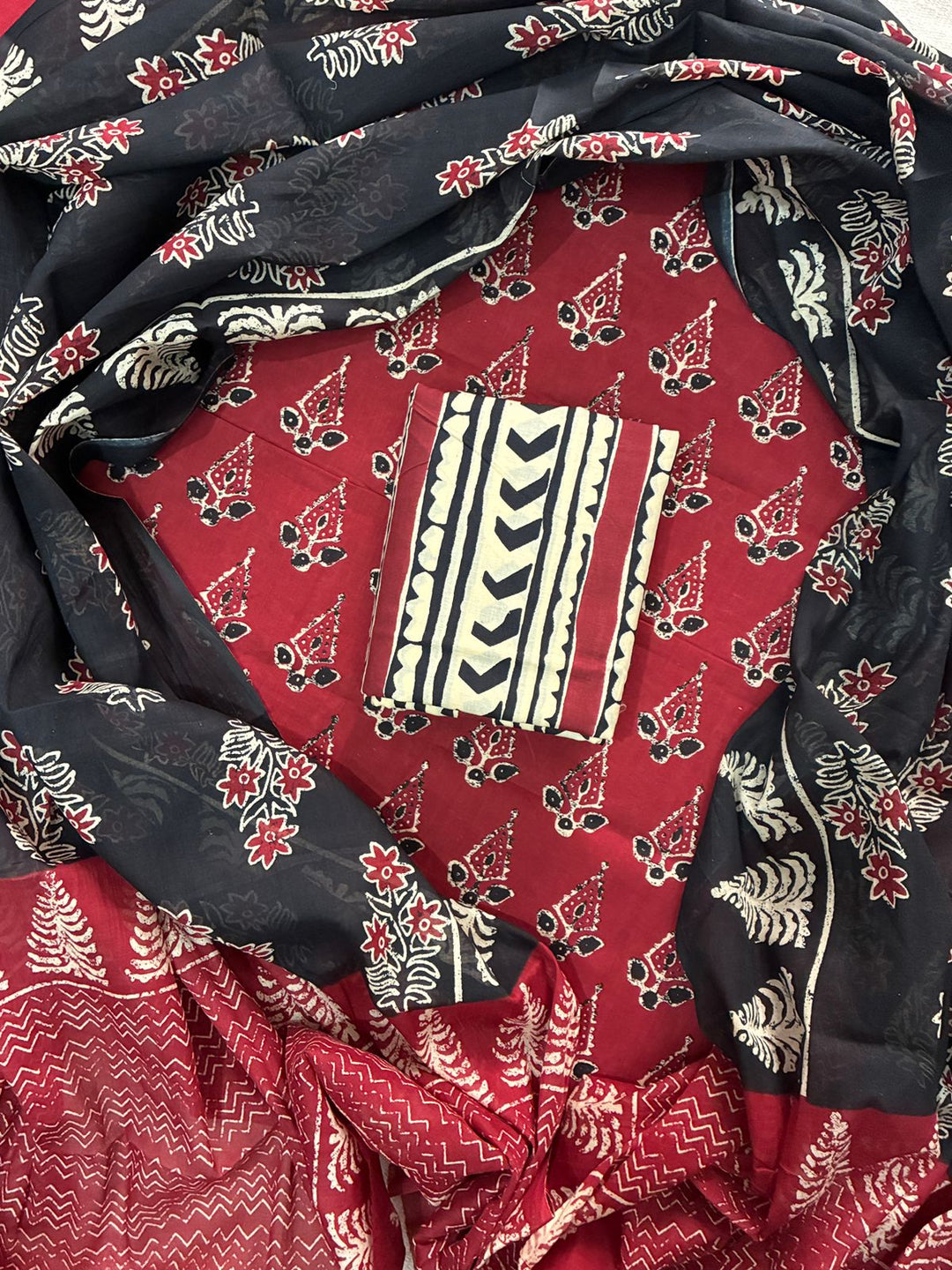 Pure Cotton Hand Block Print Unstitched Suit With Cotton Dupatta.