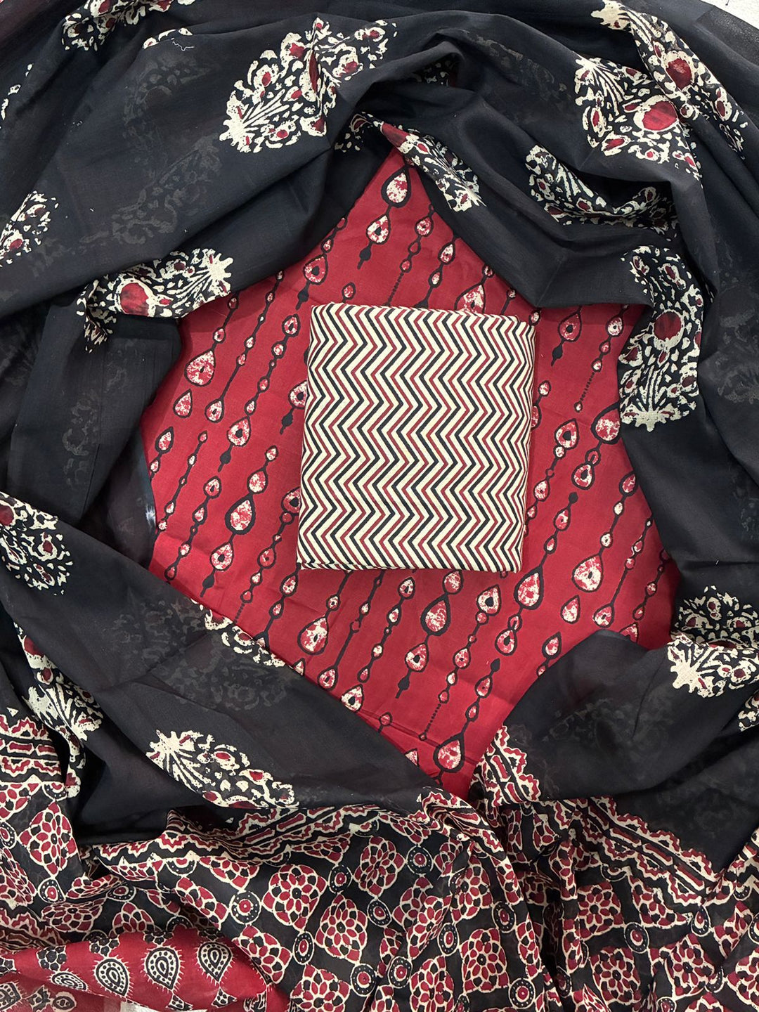 Pure Cotton Hand Block Print Unstitched Suit With Cotton Dupatta.