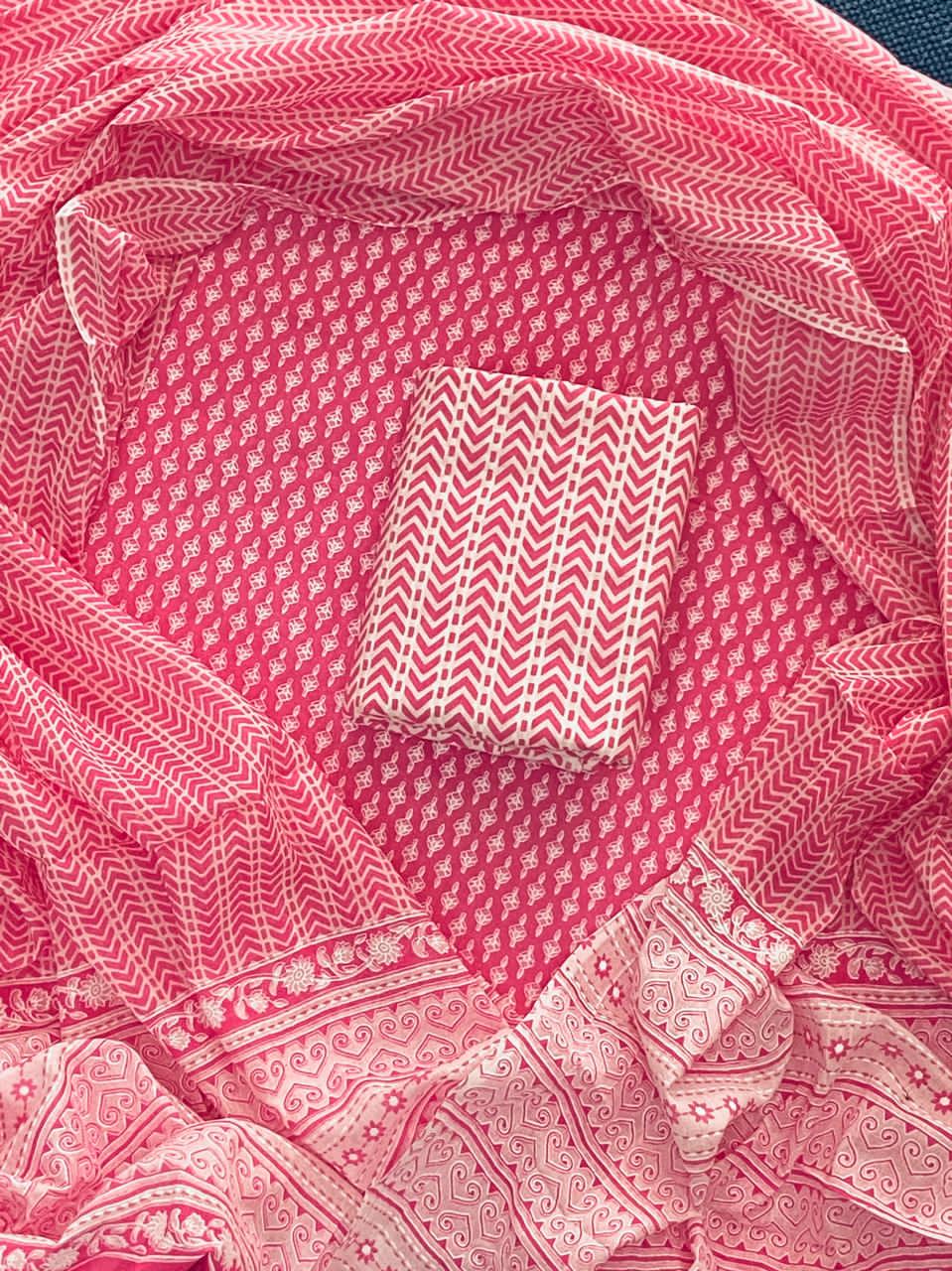 Pure Cotton Hand Block Print Unstitched Suit With Cotton Dupatta.
