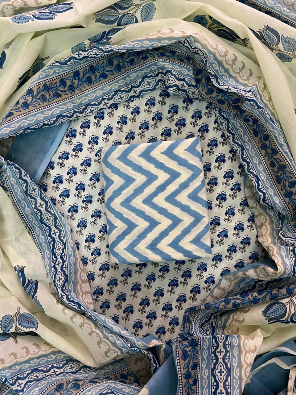 Pure Cotton Hand Block Print Unstitched Suit With Cotton Dupatta.