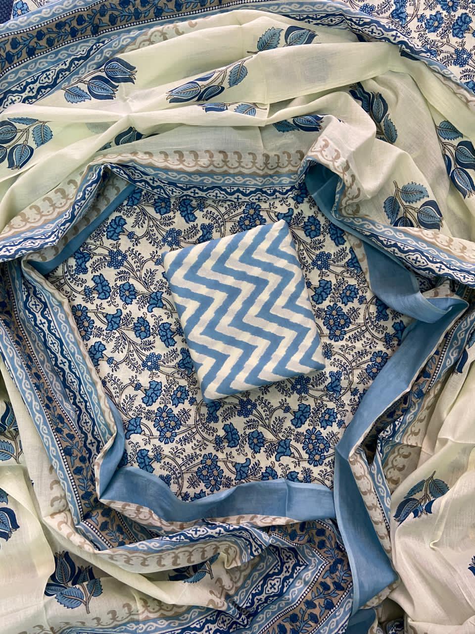 Pure Cotton Hand Block Print Unstitched Suit With Cotton Dupatta.