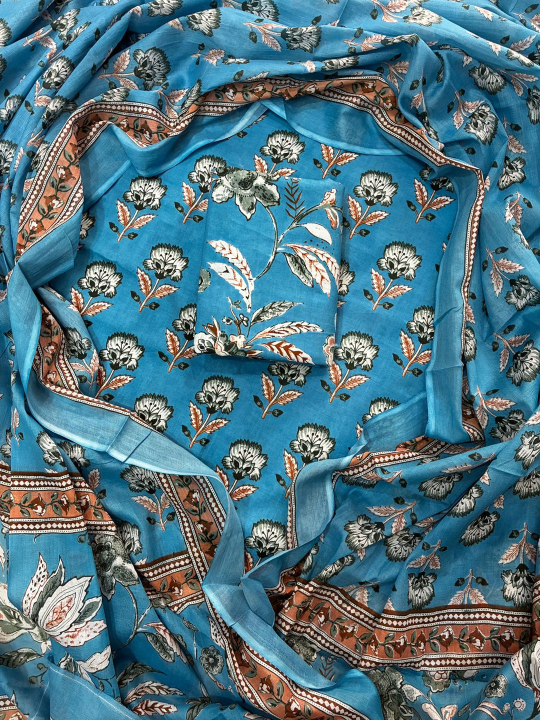Pure Cotton Hand Block Print Unstitched Suit With Cotton Dupatta.