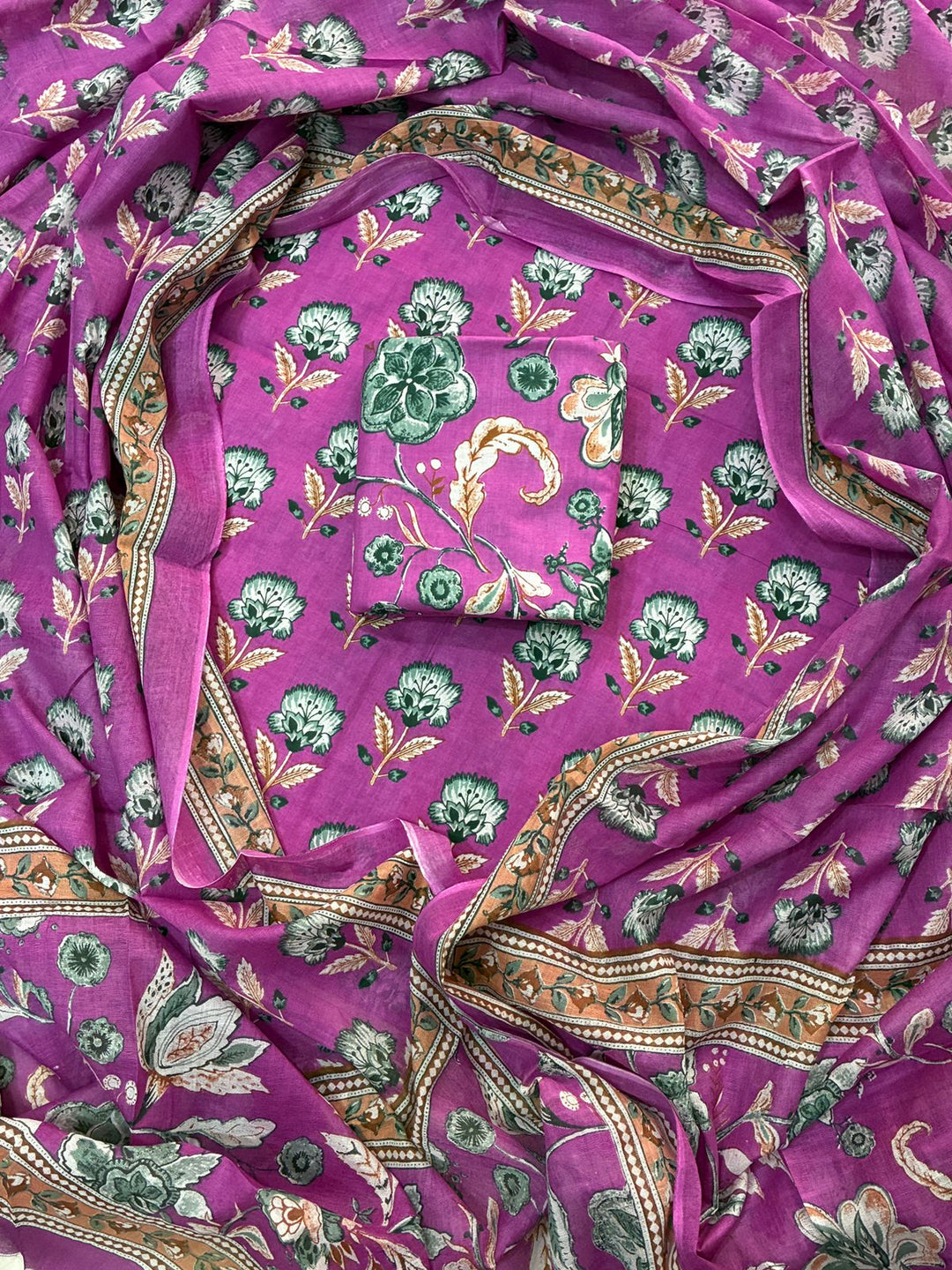 Pure Cotton Hand Block Print Unstitched Suit With Cotton Dupatta.