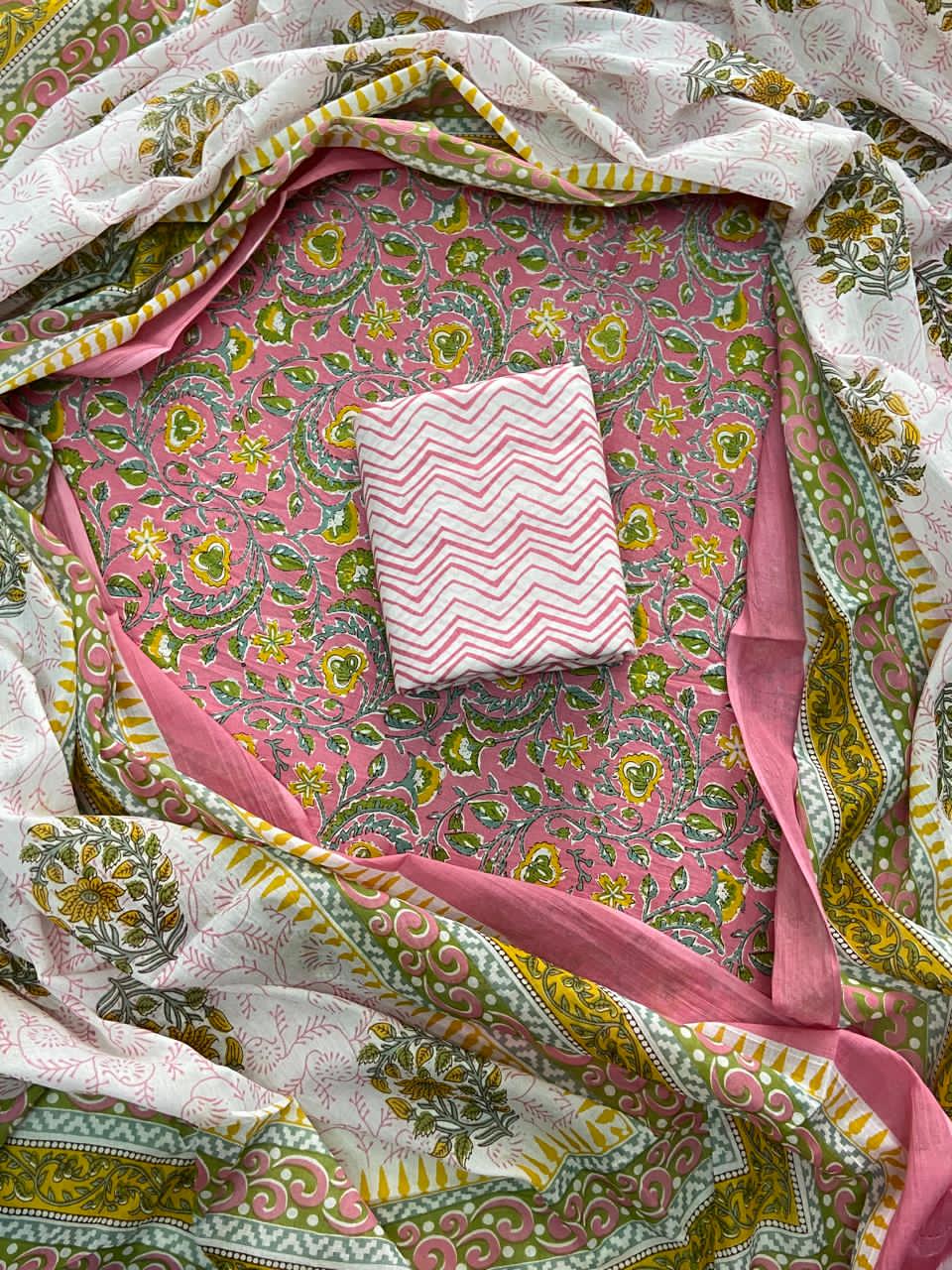 Pure Cotton Hand Block Print Unstitched Suit With Cotton Dupatta.