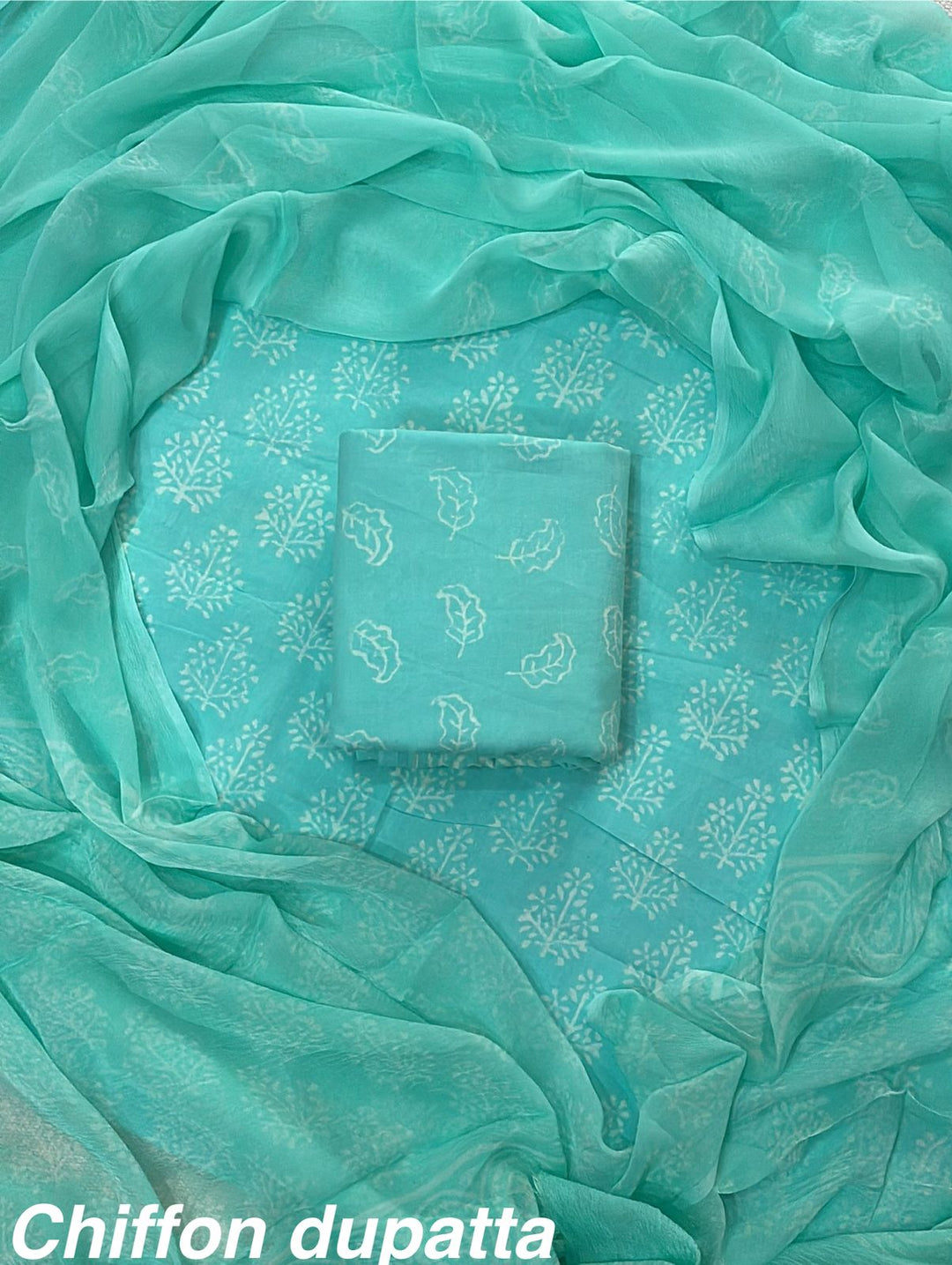 Pure Cotton Hand Block Print Unstitched Suit With Chiffon Dupatta.
