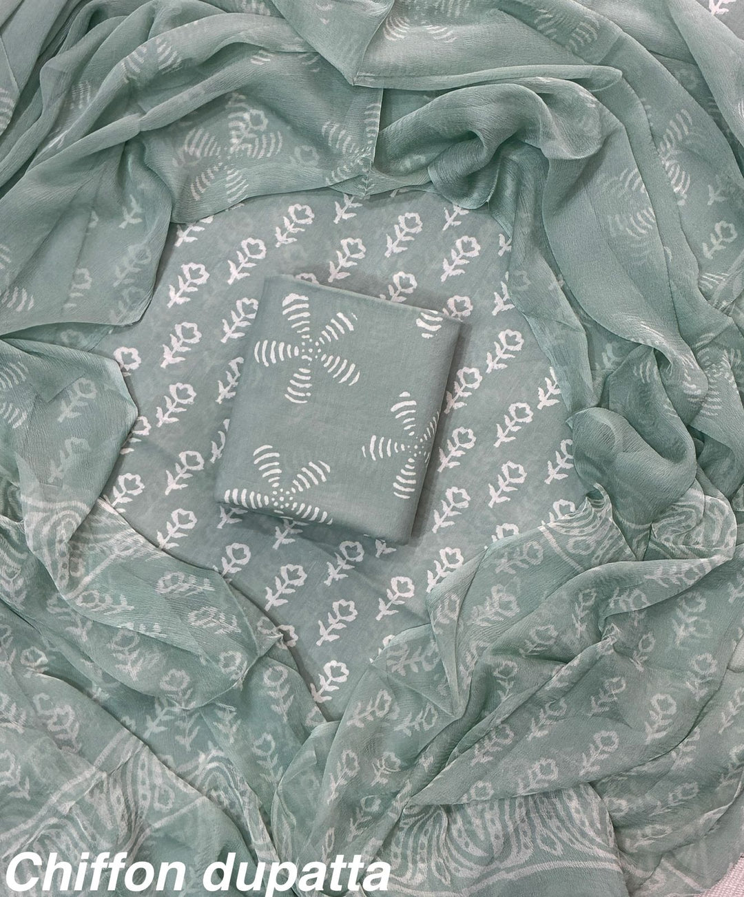 Pure Cotton Hand Block Print Unstitched Suit With Chiffon Dupatta.