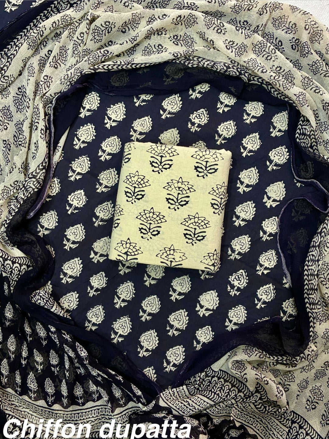 Pure Cotton Hand Block Print Unstitched Suit With Chiffon Dupatta.