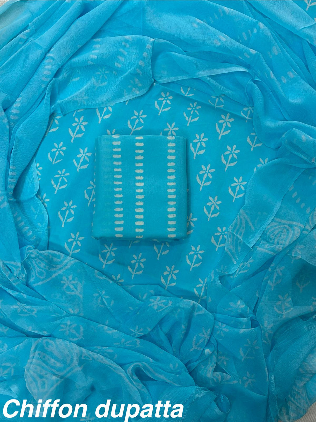 Pure Cotton Hand Block Print Unstitched Suit With Chiffon Dupatta.