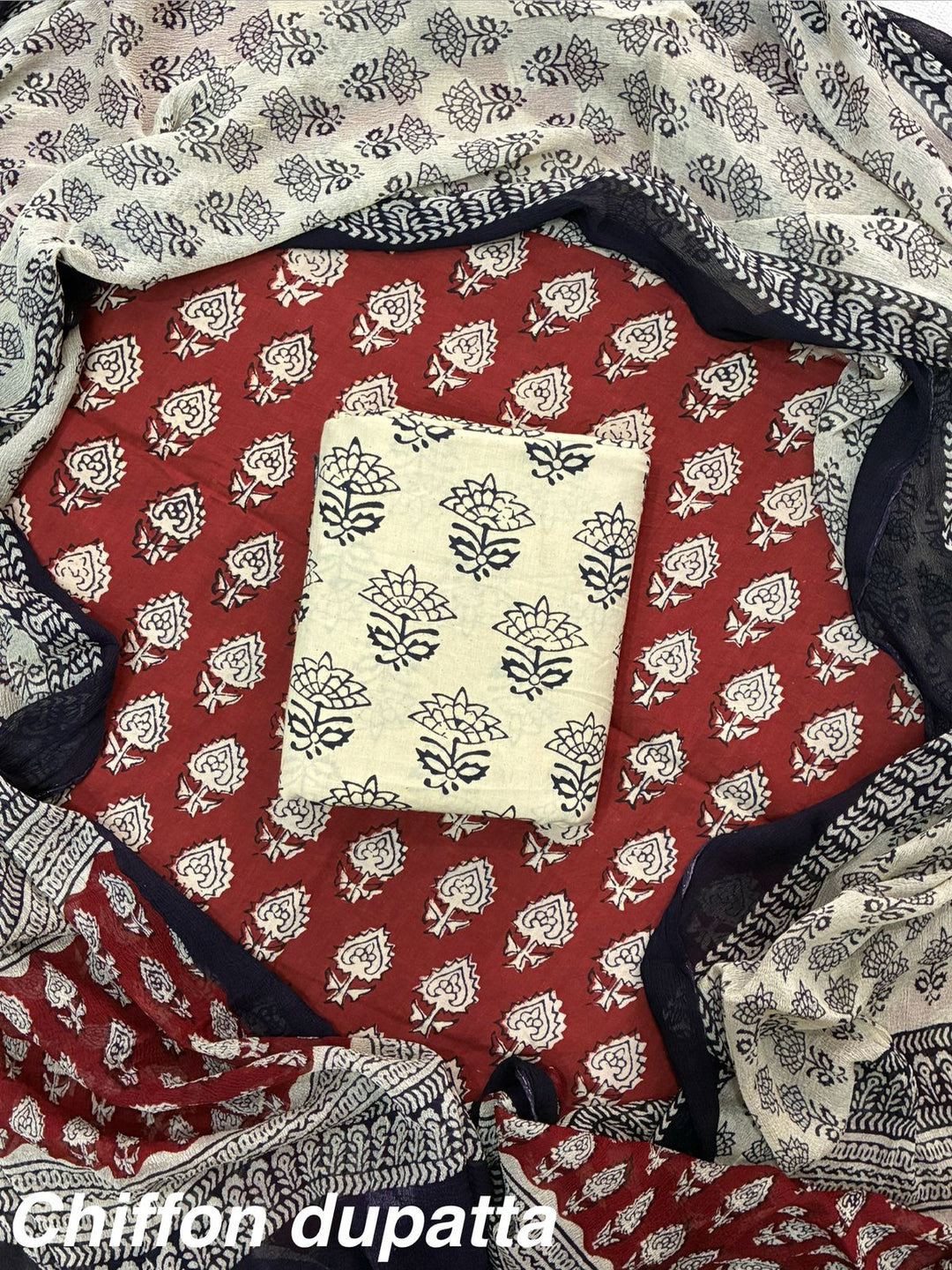 Pure Cotton Hand Block Print Unstitched Suit With Chiffon Dupatta.