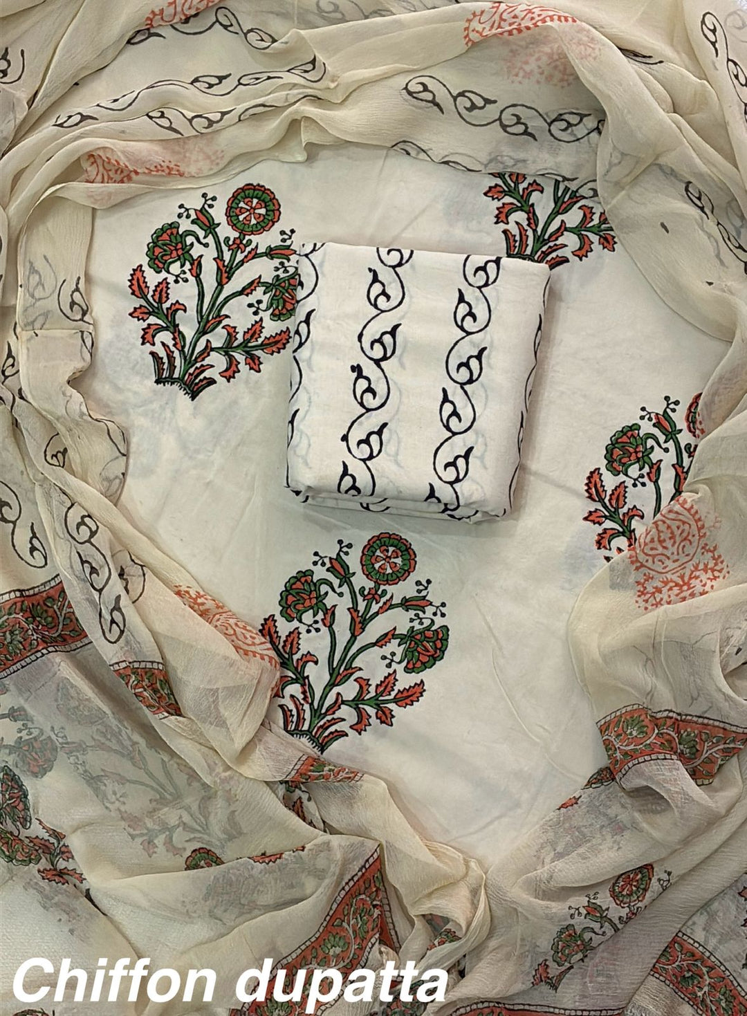 Pure Cotton Hand Block Print Unstitched Suit With Chiffon Dupatta.