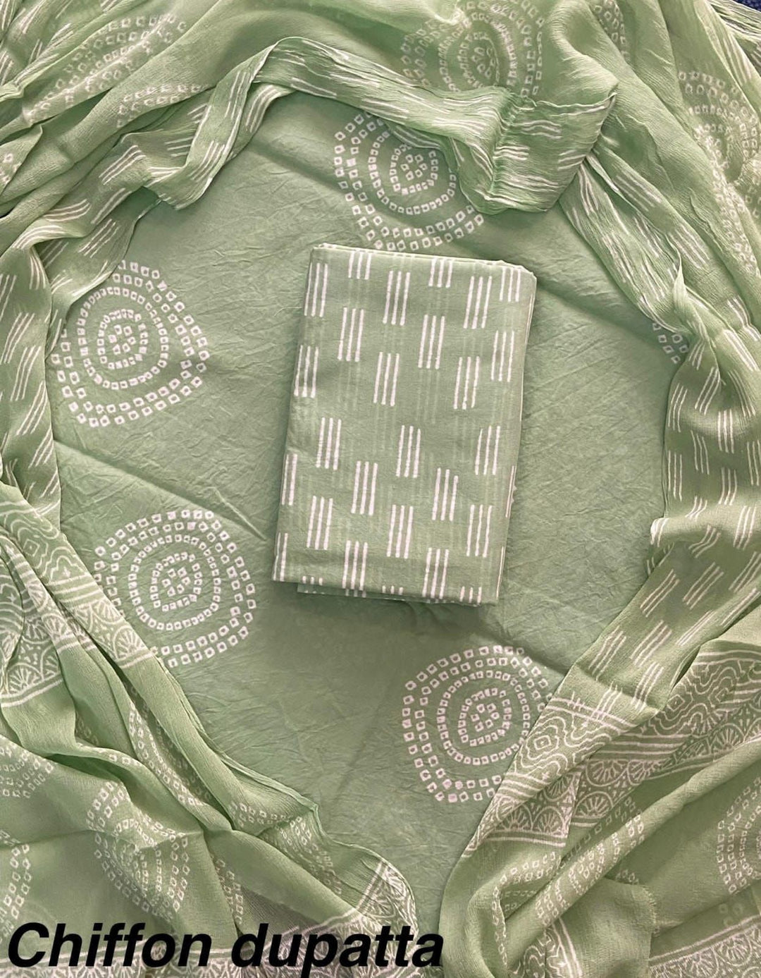 Pure Cotton Hand Block Print Unstitched Suit With Chiffon Dupatta.