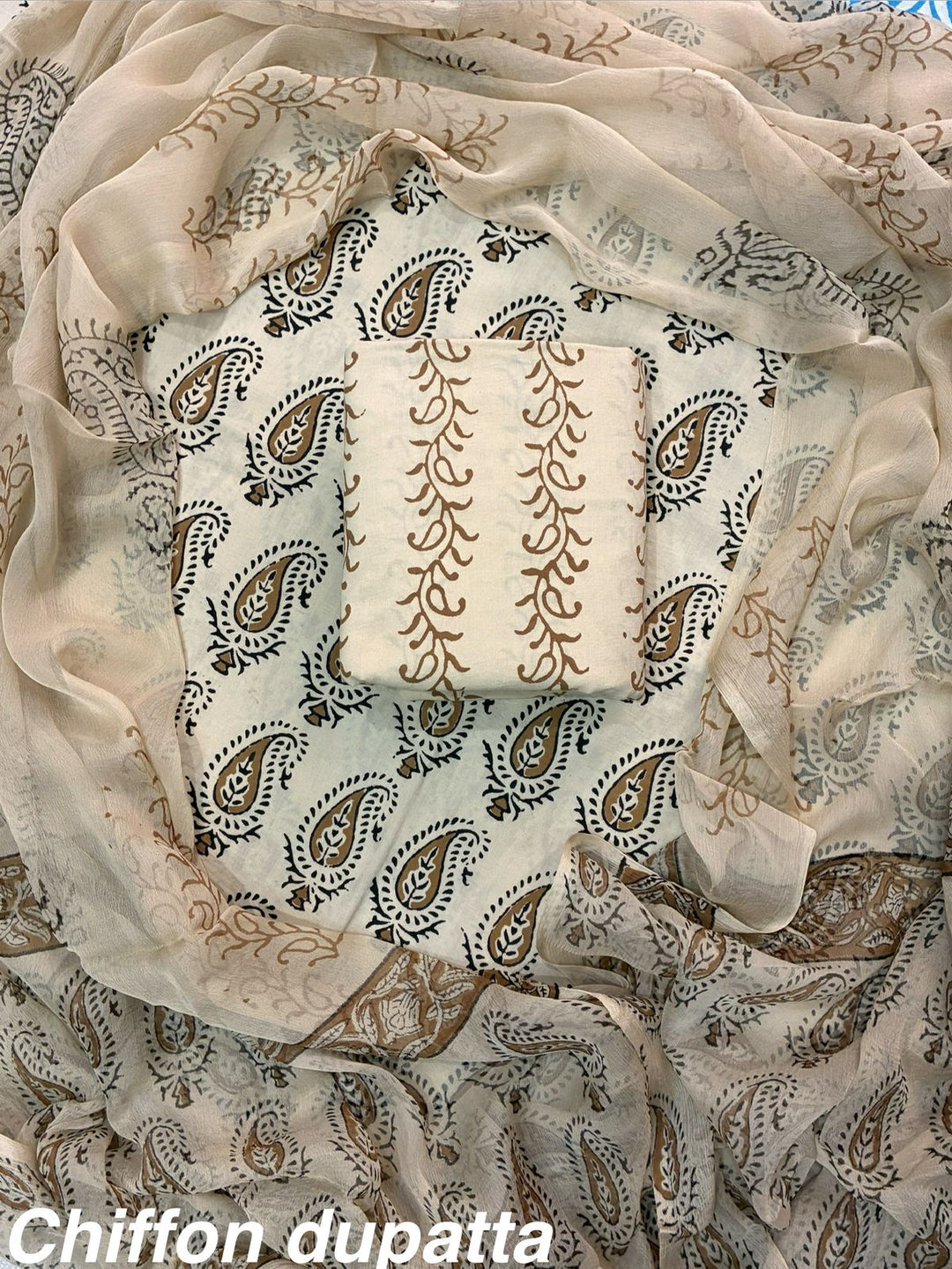 Pure Cotton Hand Block Print Unstitched Suit With Chiffon Dupatta.