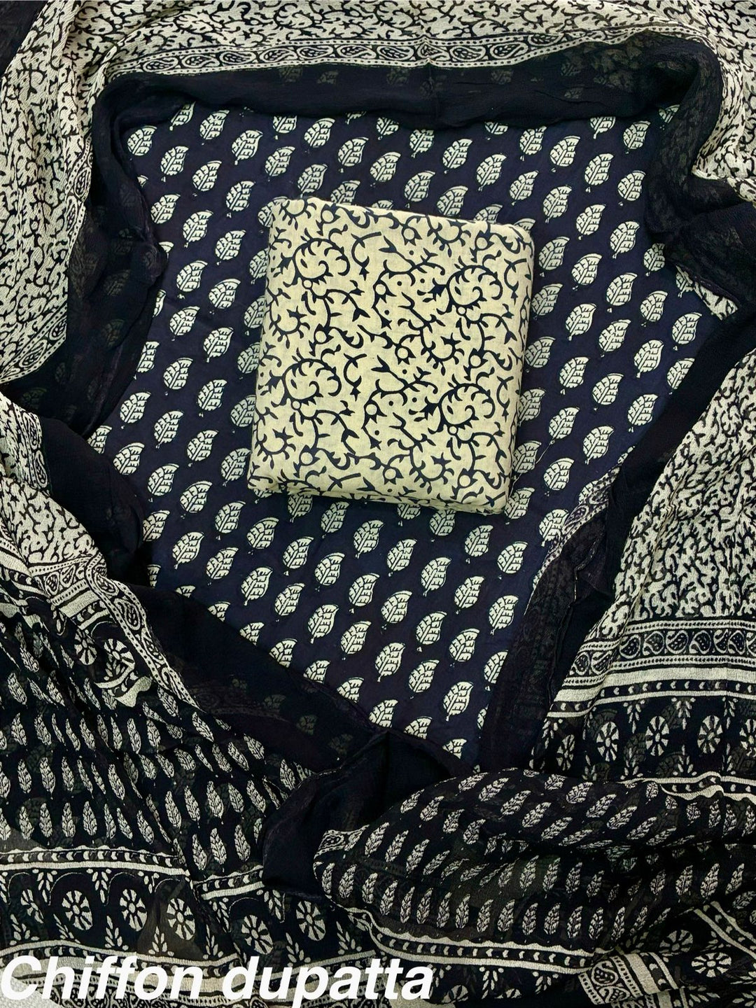 Pure Cotton Hand Block Print Unstitched Suit With Chiffon Dupatta.