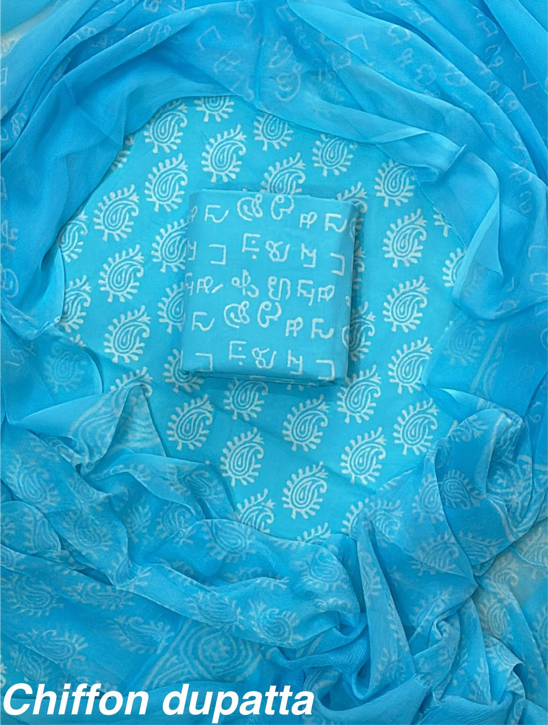 Pure Cotton Hand Block Print Unstitched Suit With Chiffon Dupatta.