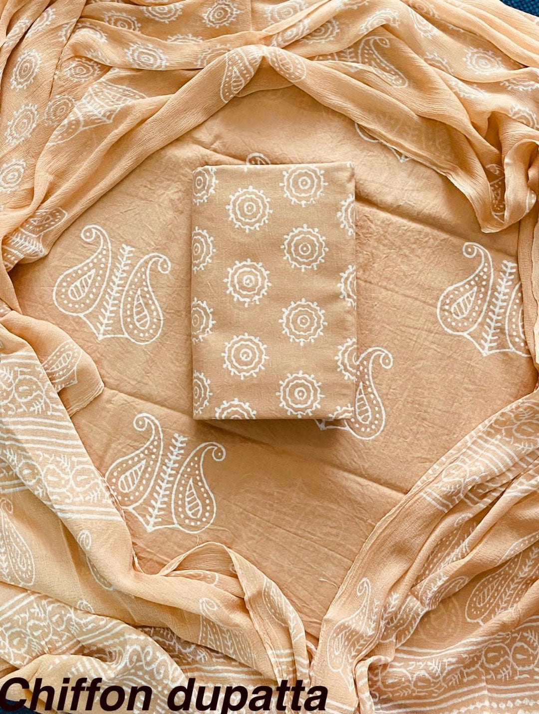 Pure Cotton Hand Block Print Unstitched Suit With Chiffon Dupatta.