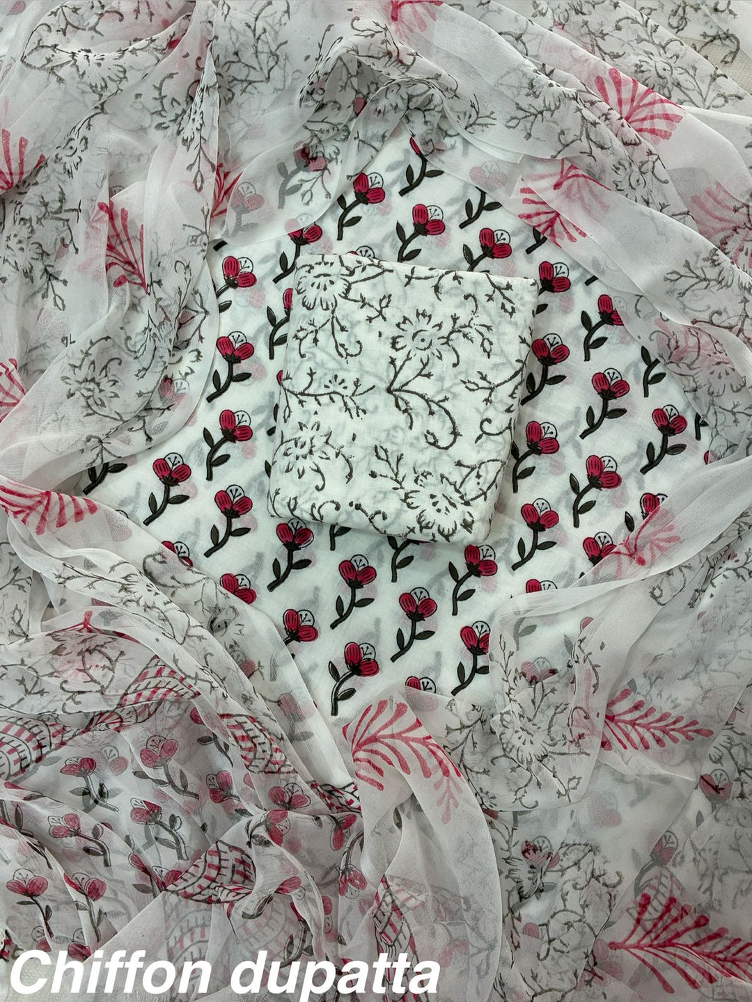 Pure Cotton Hand Block Print Unstitched Suit With Chiffon Dupatta.