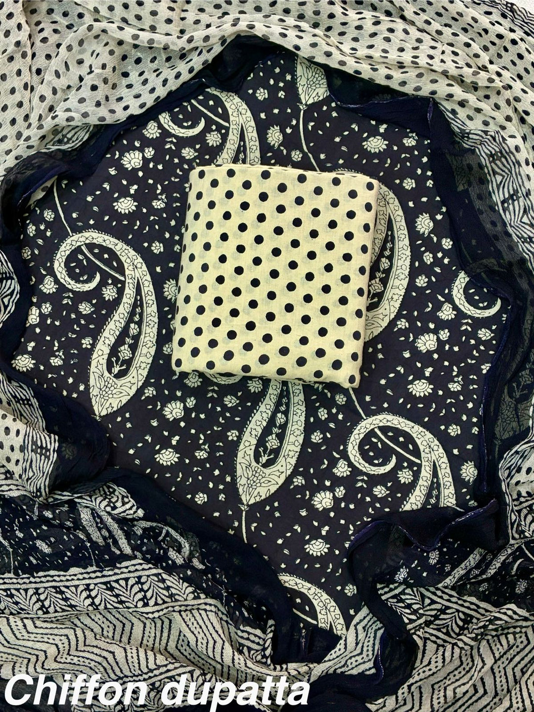 Pure Cotton Hand Block Print Unstitched Suit With Chiffon Dupatta.