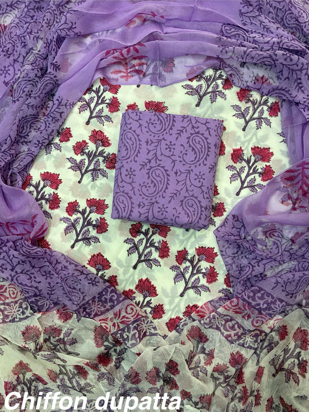 Pure Cotton Hand Block Print Unstitched Suit With Chiffon Dupatta.
