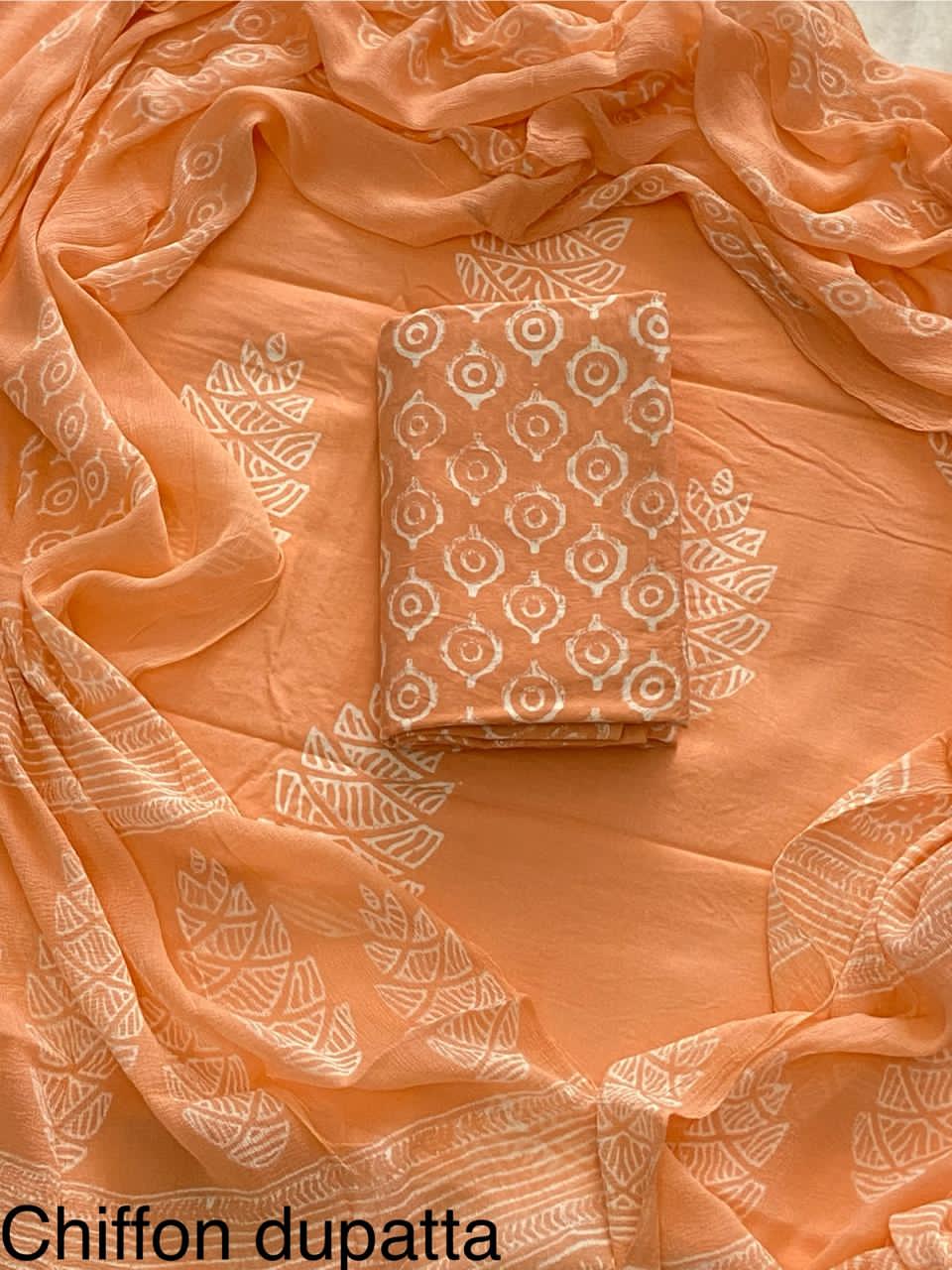 Pure Cotton Hand Block Print Unstitched Suit With Chiffon Dupatta.