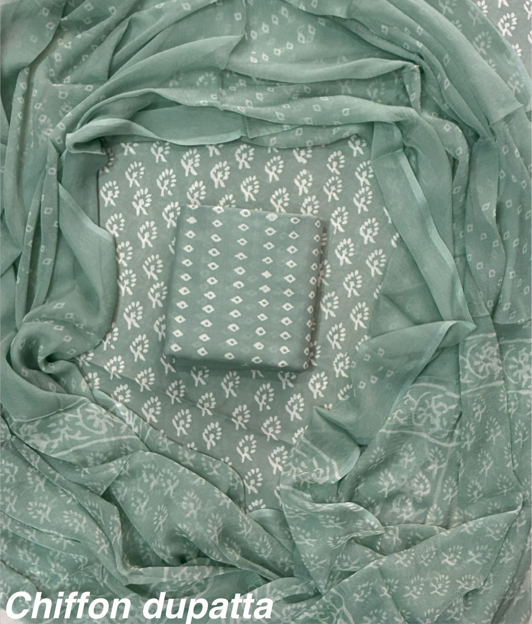 Pure Cotton Hand Block Print Unstitched Suit With Chiffon Dupatta.