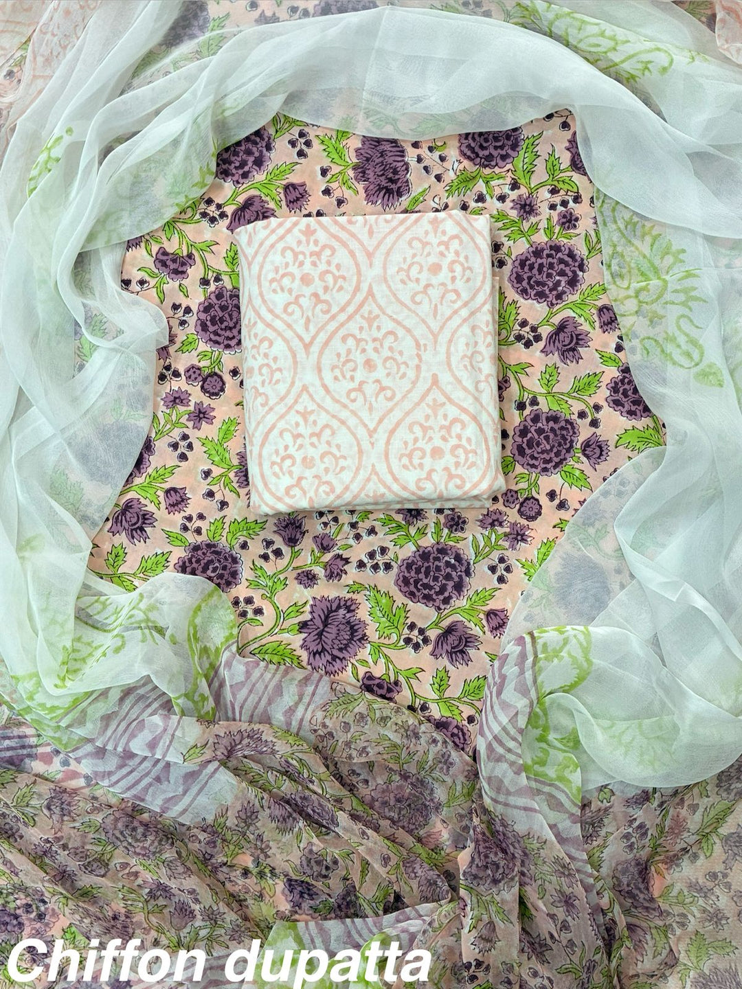 Pure Cotton Hand Block Print Unstitched Suit With Chiffon Dupatta.