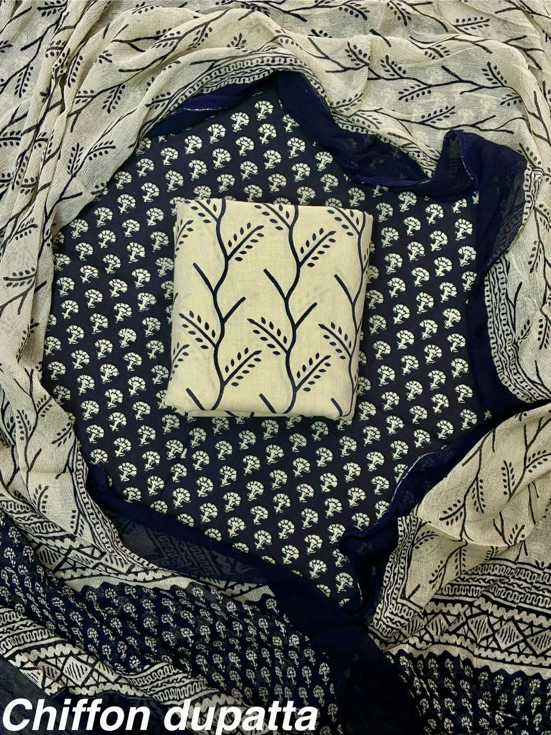 Pure Cotton Hand Block Print Unstitched Suit With Chiffon Dupatta.